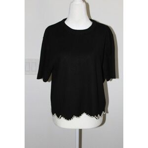 H&M‎ Black Knit Short Sleeve Top Pearl Scalloped Hem Women's Size L